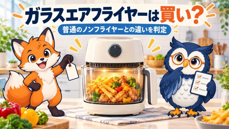BRUNOガラスエアフライヤーを前に、カイ君とマチ君が購入判断を話し合うイラスト