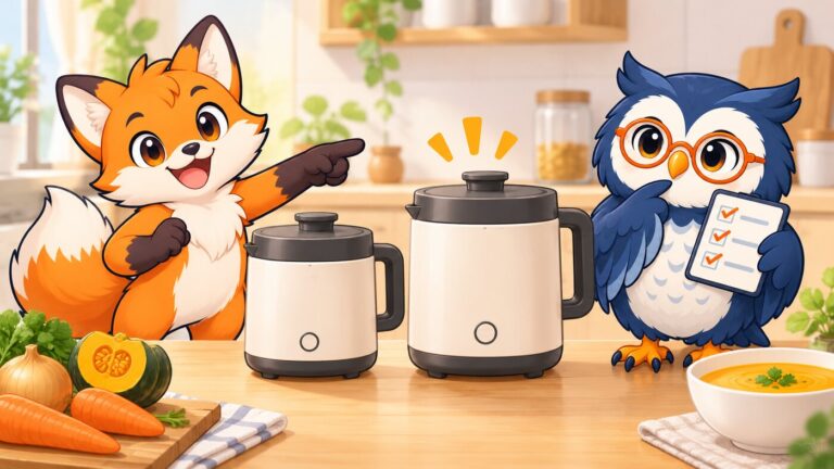 容量の異なる2台の自動調理ポットを前に、カイ君とマチ君が比較するイラスト
