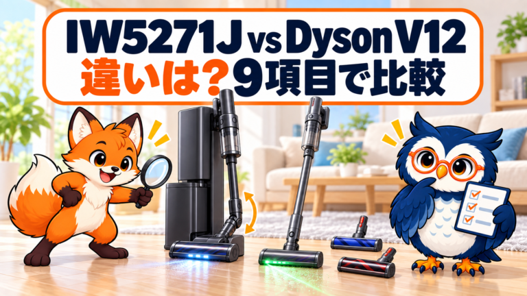 Shark IW5271JとDyson V12 Detect Slimの違いを9項目で比較するカイ君とマチ君