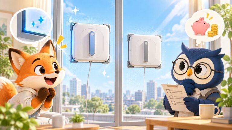 窓拭きロボットの新旧モデルを前に、カイ君が期待し、マチ君が価格を確認するイラスト